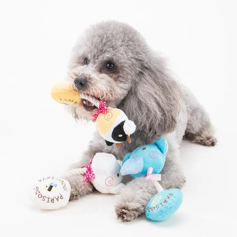 Animal plush squeaker dog toy with cotton rope sections in frog elephant cow bear designs