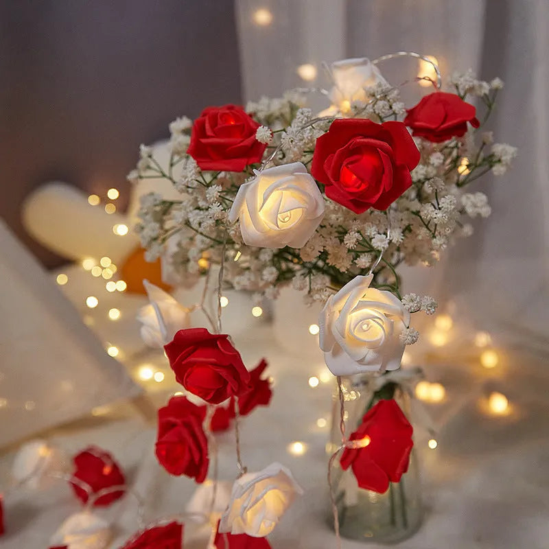 Battery-powered LED rose light string with ten artificial foam roses for indoor holiday decoration