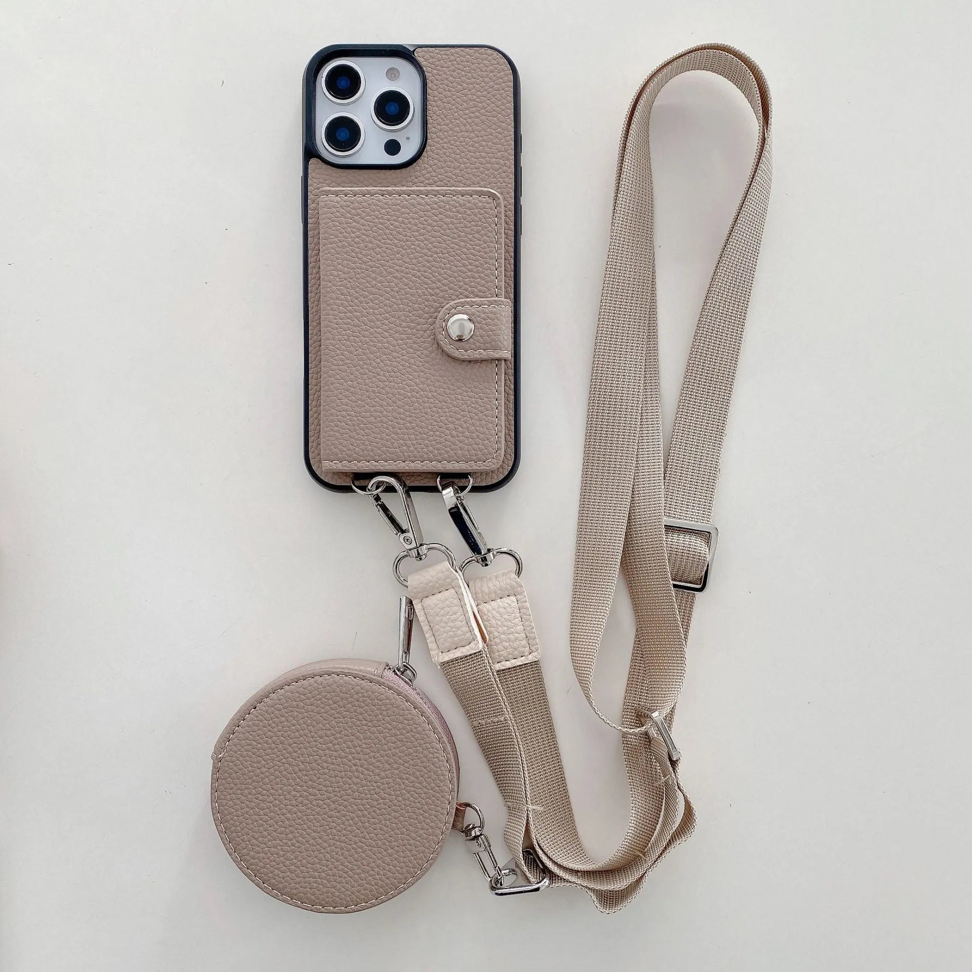 PC leather iPhone case with a card slot on the back and a lanyard loop, shown in multiple colours.