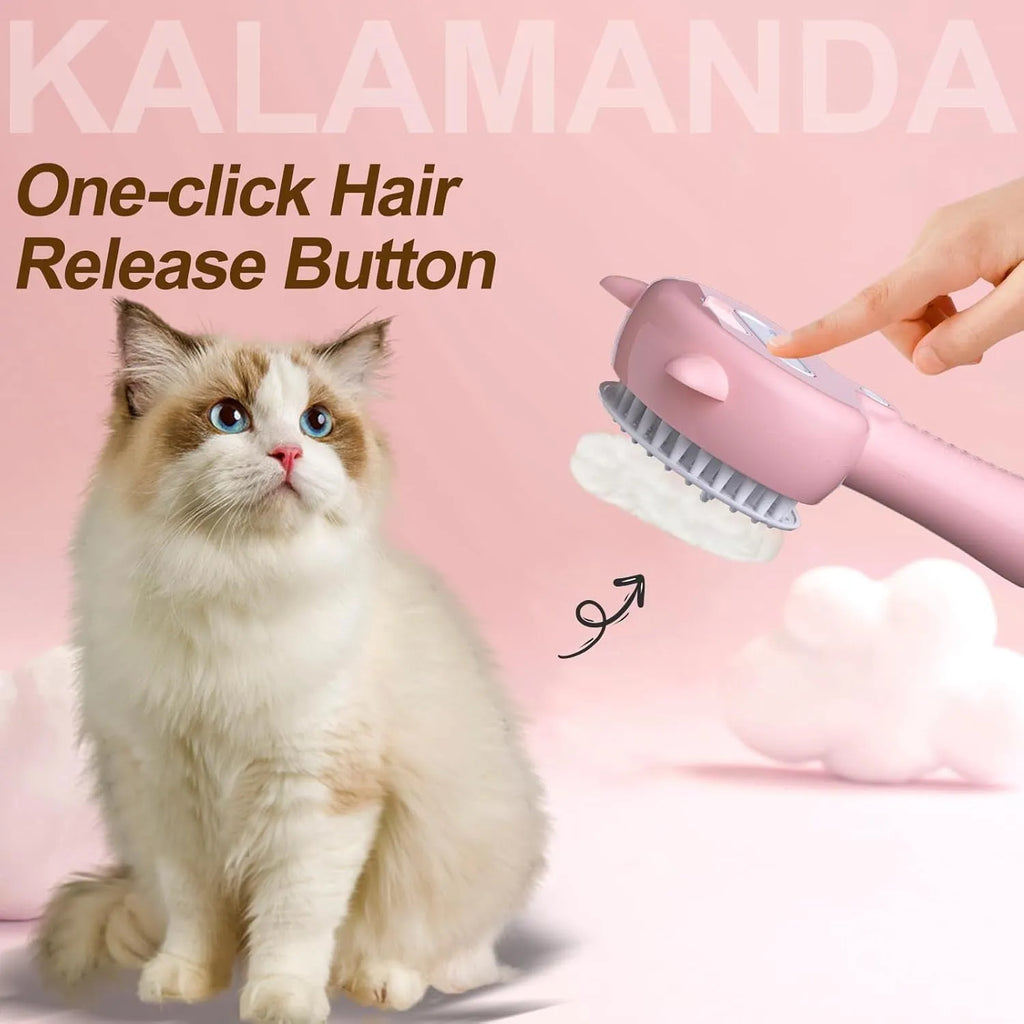 Cat ear-shaped steam brush with soft rubber bristles and release button for pet grooming