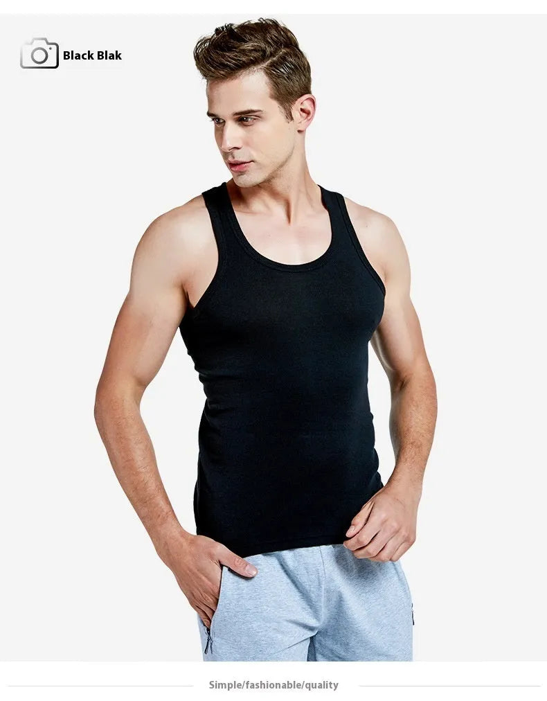 Men's pure cotton slim fit sleeveless sports vest in six colours, sizes M to 4XL, 161-180g per square metre