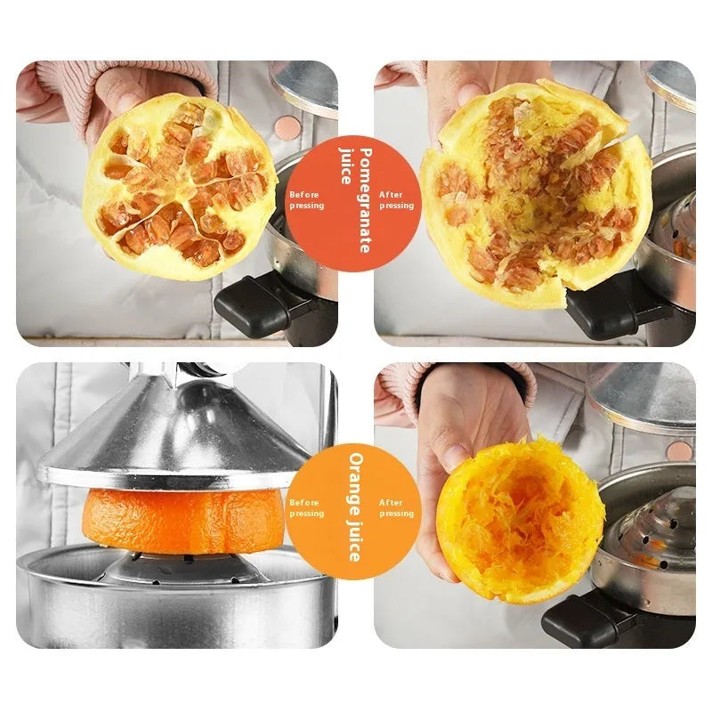 Black or white cast iron manual citrus juicer with stainless steel funnel and 40cm height
