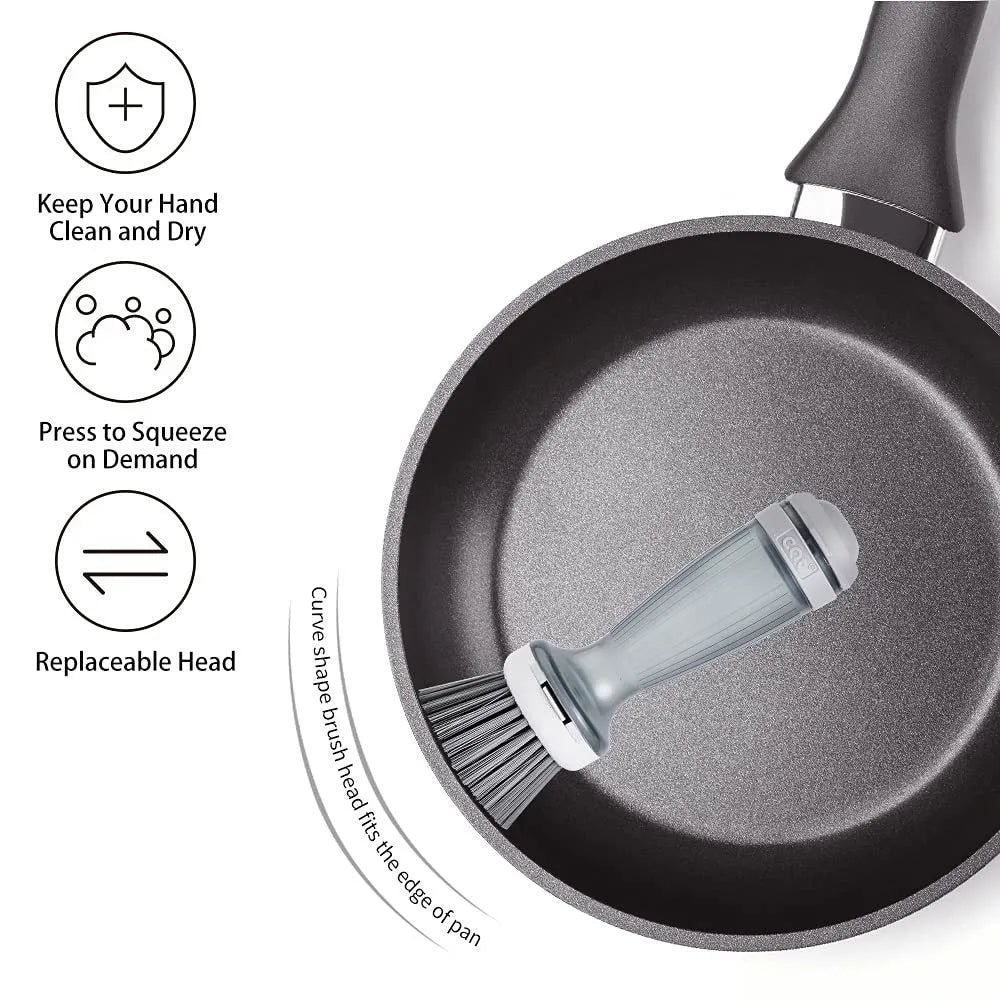 Milk white and mint green pot brush with integrated soap dispenser and replaceable head.