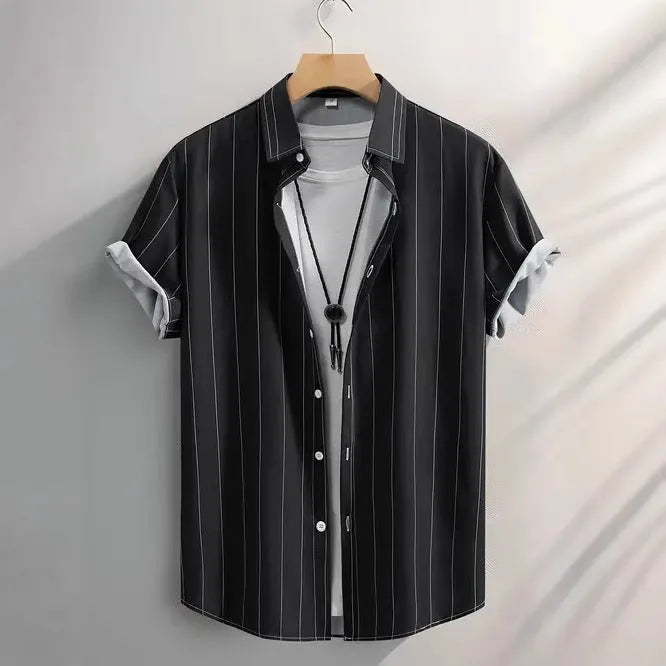 Men's loose fit striped summer shirt with stand collar in cardigan style