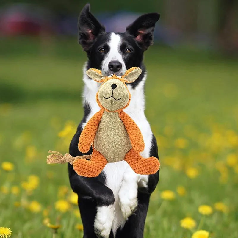 Plush squeaky dog toys in donkey, elephant, orangutan, and rabbit shapes for teeth cleaning and play