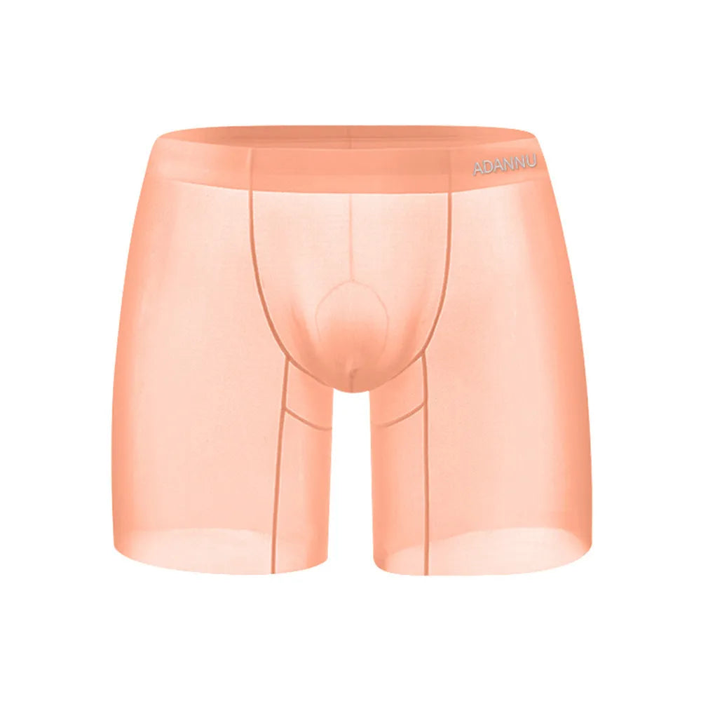 Men's orange seamless nylon boxer shorts with low waist and hip-lift design.