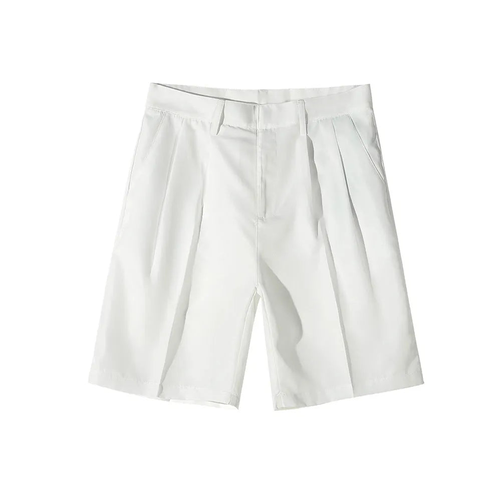Men's loose straight casual shorts in black, white, and khaki solid colours made from polyester fabric
