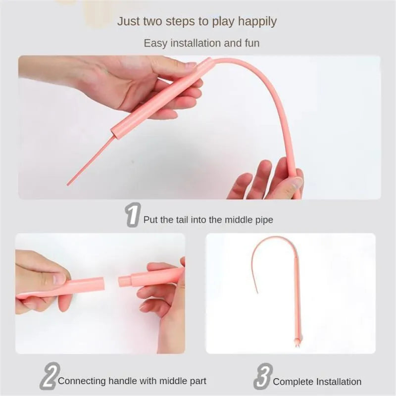 Simulated mouse tail cat toy with silicone tail and cat head design in blue or pink colours
