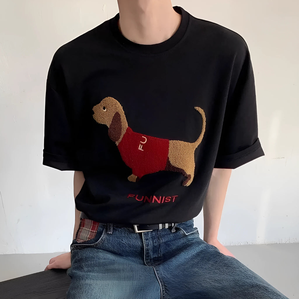 Mens grey cotton T-shirt with embroidered sausage dog towel design on front