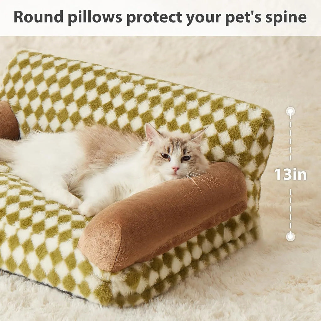 Checkered pattern pet sofa bed for small cats and dogs with removable cover, shown in three sizes.