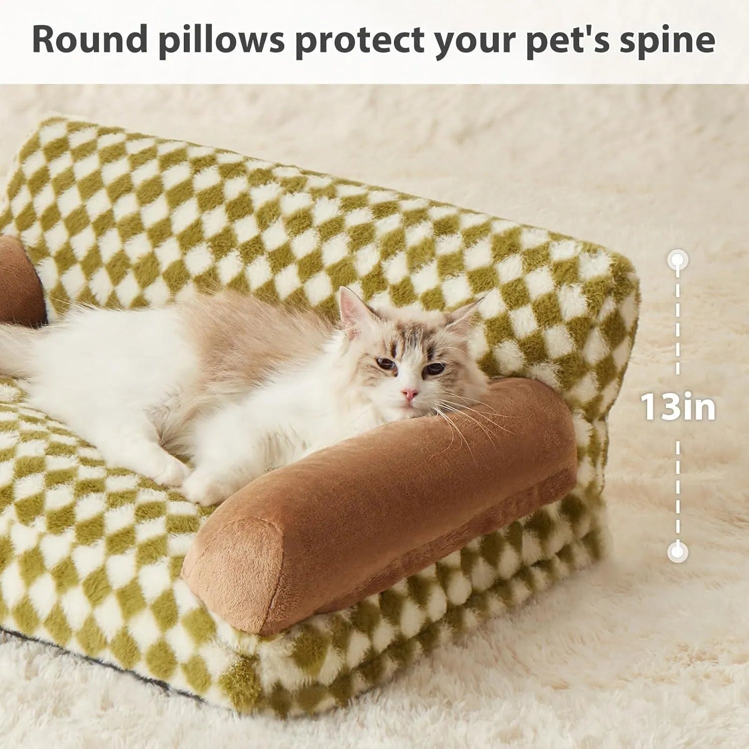 Checkered pattern pet sofa bed for small cats and dogs with removable cover, shown in three sizes.