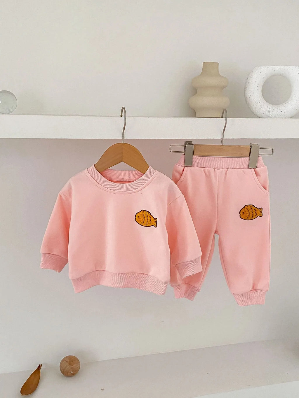 Baby cotton fish embroidered pullover top and ankle banded trousers set in light beige or pink, 73cm to 110cm