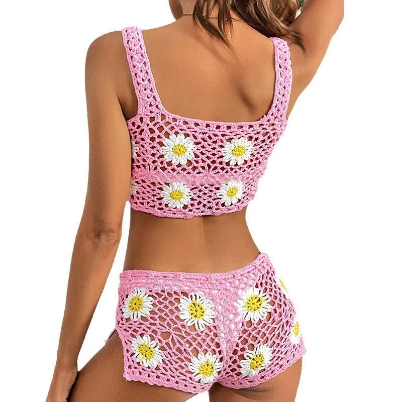 Women's floral patterned bikini swimsuit set with matching top and briefs in light green