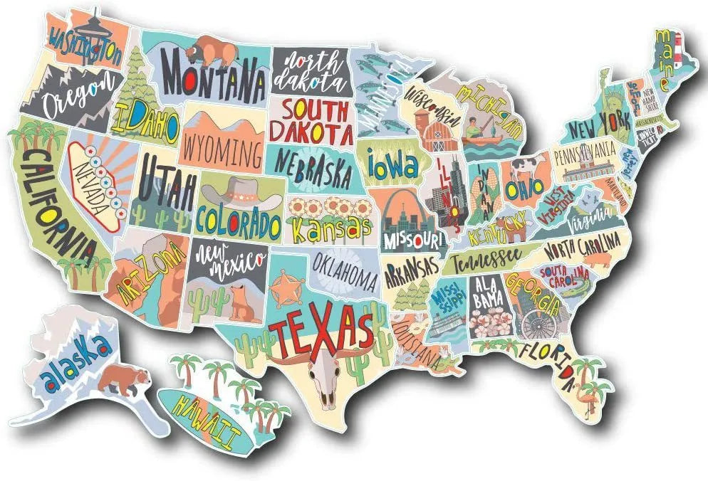 Travel-themed car sticker set showing world map design and separate letter stickers on a white background sheet.