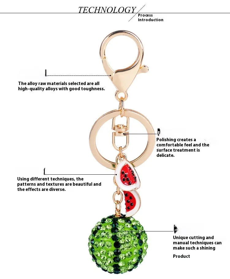 Green zinc alloy watermelon keychain on a key ring, showing detailed fruit shape.