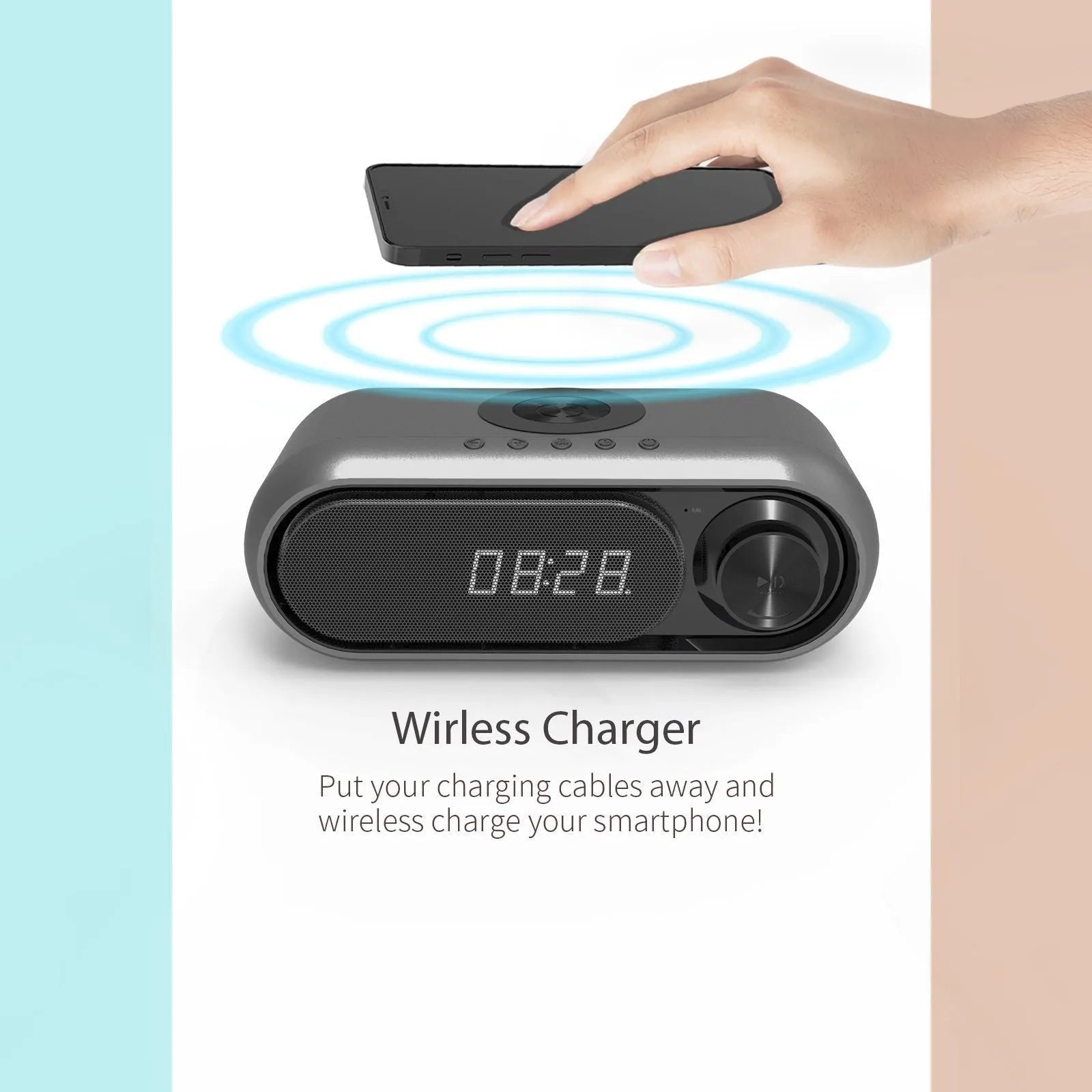 Space Grey wireless charging Bluetooth alarm clock speaker with LED display on a bedside table.