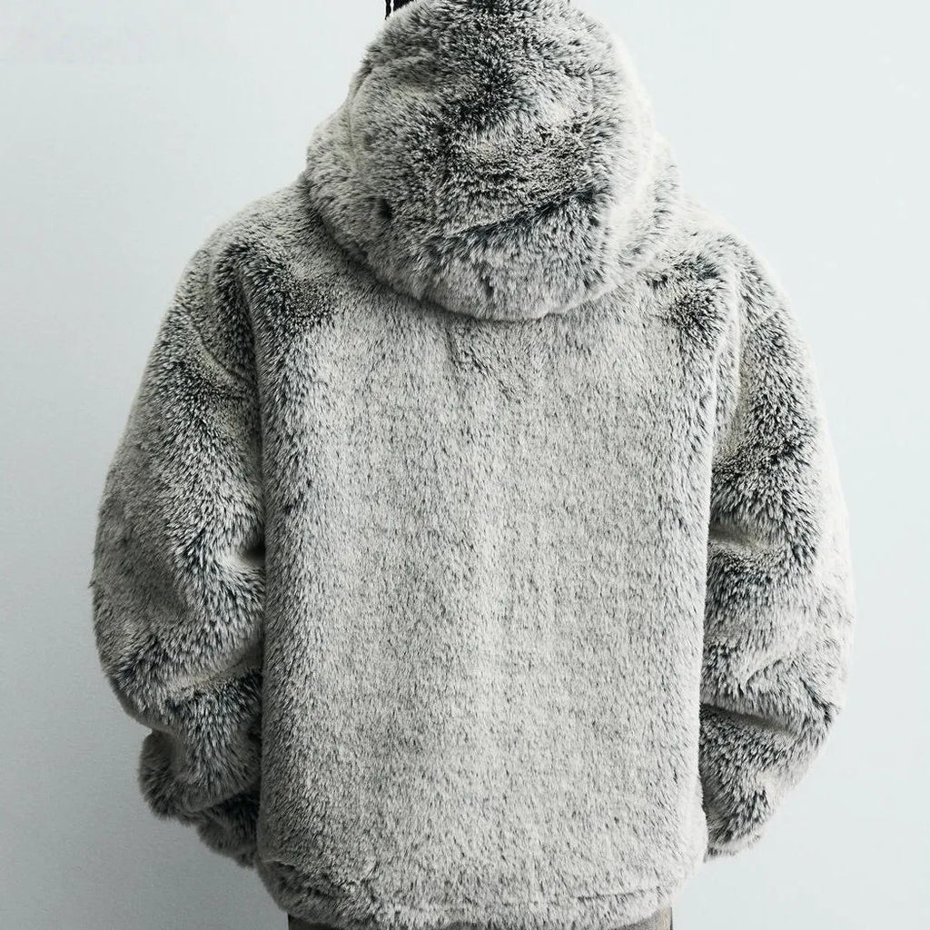 Grey green hooded faux fur jacket coat for men with side pockets and tie-dye pattern