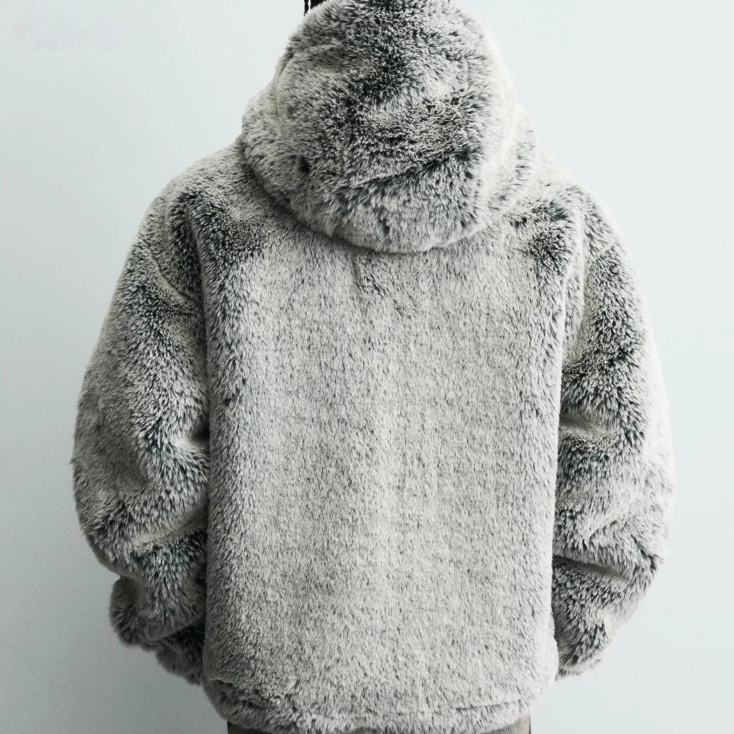 Grey green hooded faux fur jacket coat for men with side pockets and tie-dye pattern