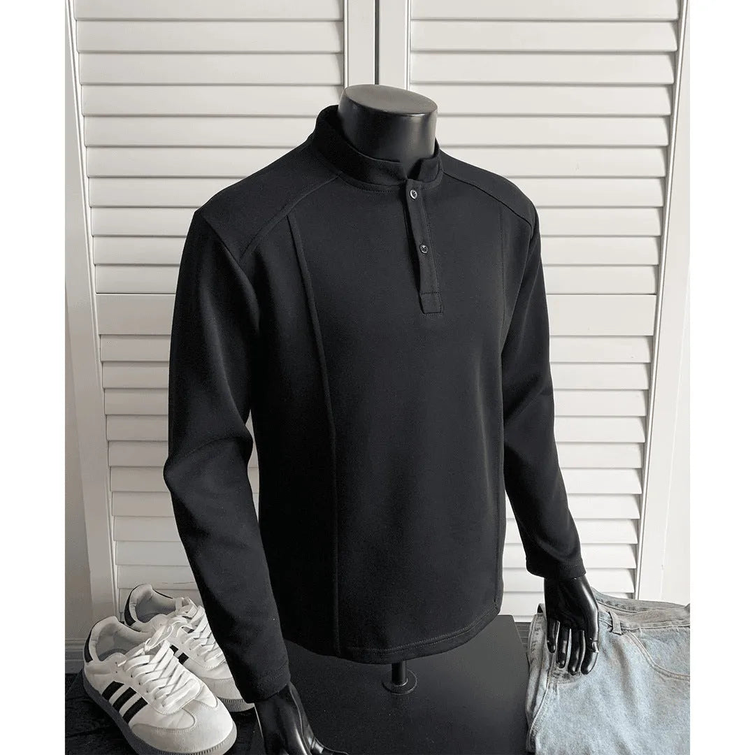 Men's stand-up collar polo shirt with asymmetric patchwork design in grey colour
