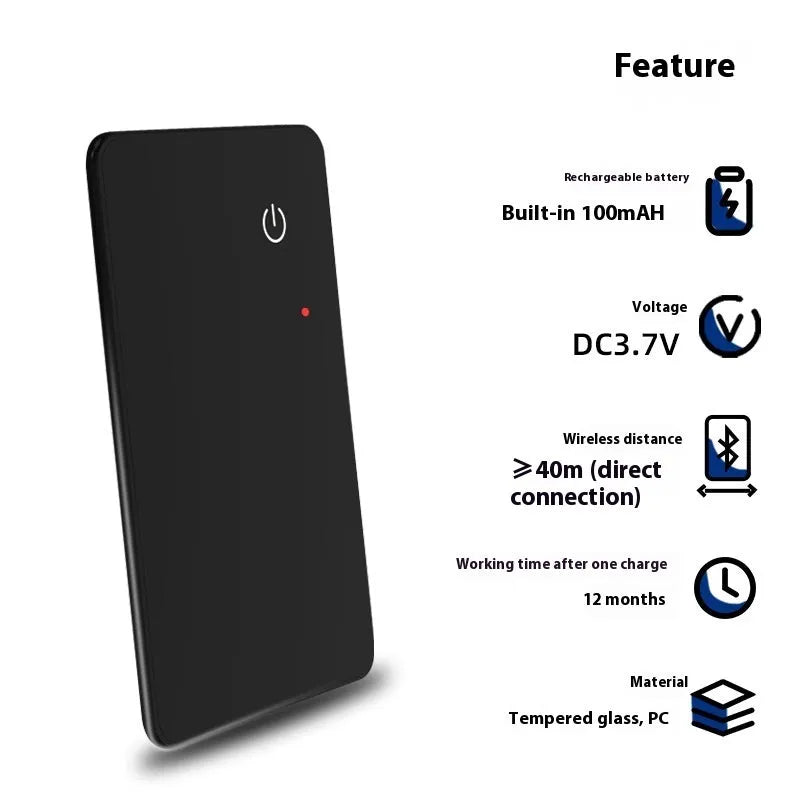 Black pet tracking card device with wireless charging NFC and hanging hole measuring 85mm