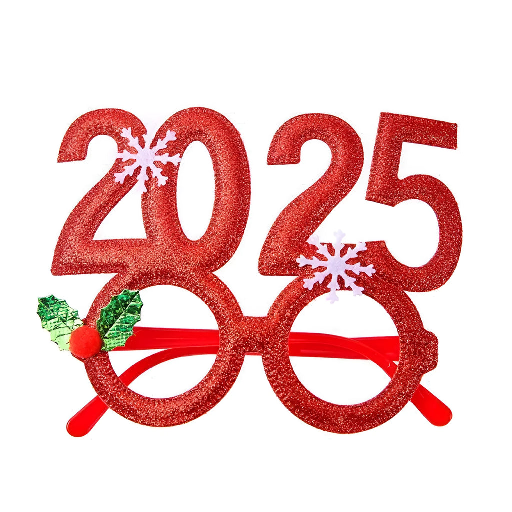 Children's Christmas novelty glasses in red plastic with 2025 design on the frame