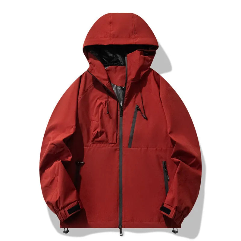 Men's three-proof outdoor windproof waterproof jacket in polyester with zippered pockets, solid colour, black