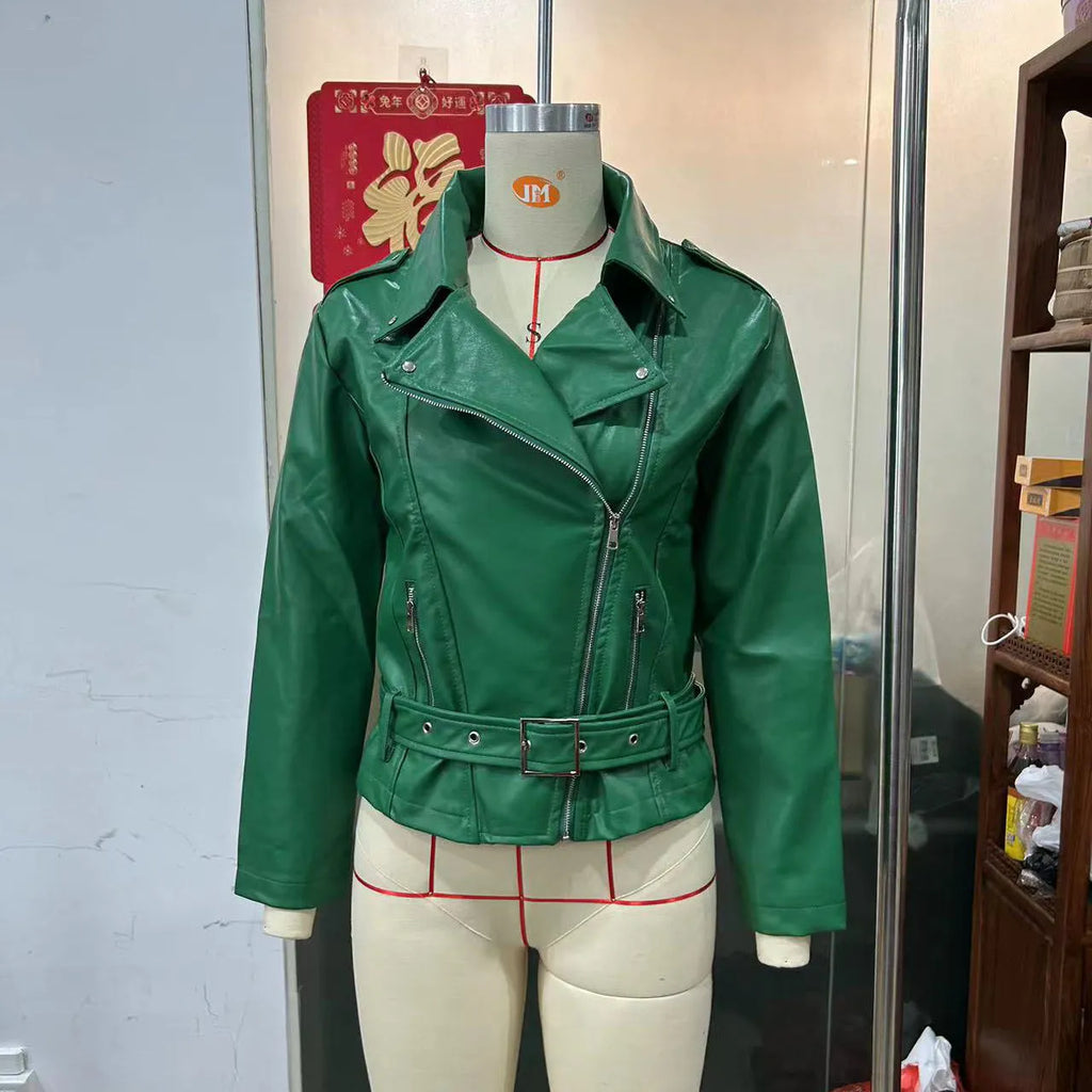 Black punk-style leather jacket with a Peter Pan collar, short belt on lapel, and a drawstring waist.