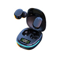 Black true wireless Bluetooth in-ear headphones with charging case on dark background