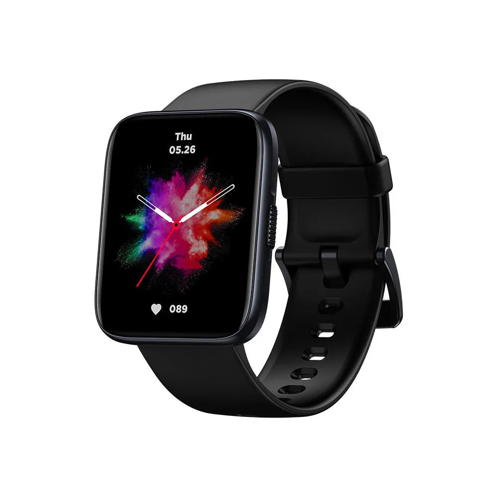 Black GPS sports smart watch with LCD display showing health metrics on rubber strap