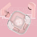 White Bluetooth wireless in-ear headphones on a solid colour background.