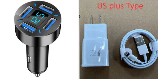 Four-port USB car charger with digital display showing output, compact black design
