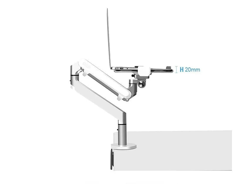 Silver aluminium Free Hover adjustable laptop and monitor arm bracket extended on a desk.