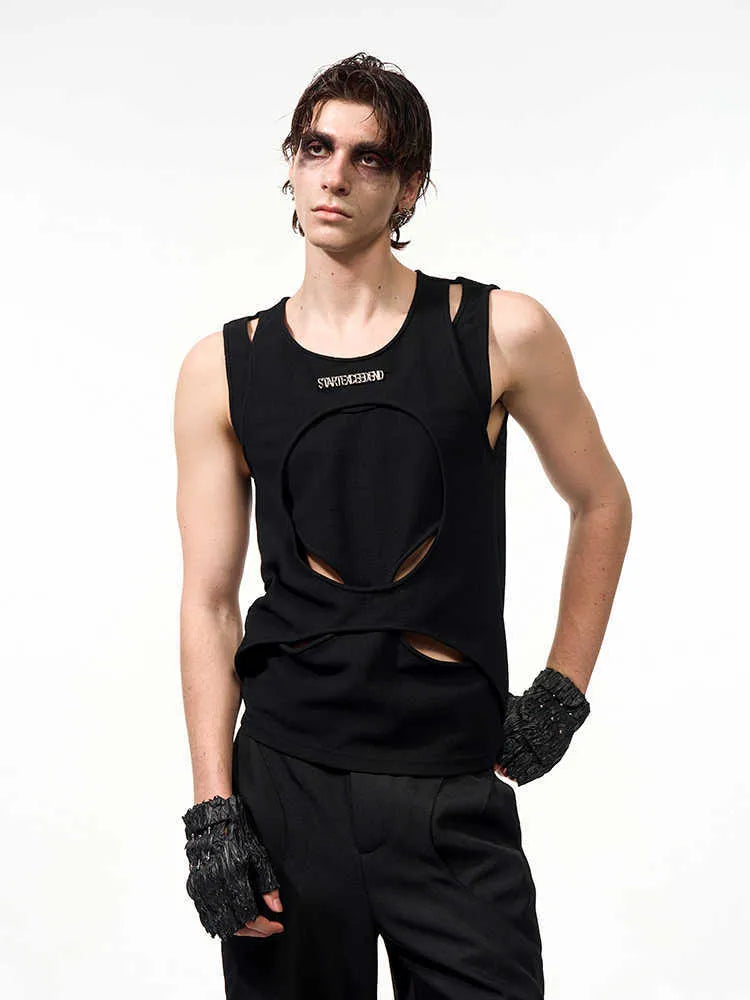 Men's black sleeveless waistcoat with hollow white thread construction and round neck collar