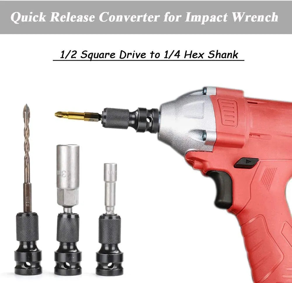 Telescopic steel bit holder with hexagonal handle for electric wrenches showing extended sleeve