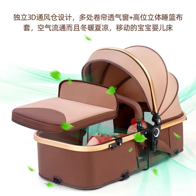 Lightweight basket baby stroller with iron frame in lotus green, seated position, lie-flat recline function