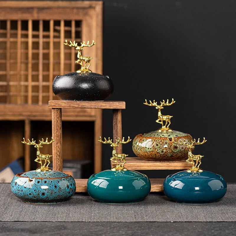 Kiln baked blue ceramic ashtray with lid, simple decorative home tabletop design