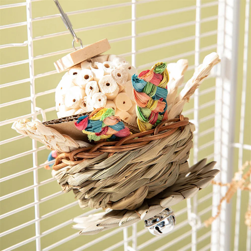 Parrot gnawing molar toy with wooden chewing pieces and plastic components for bird enrichment