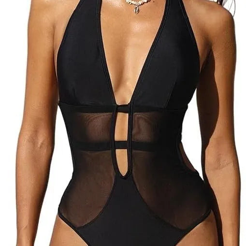 Black women's one-piece swimsuit with v-neck, hanging neck detail and mesh panels
