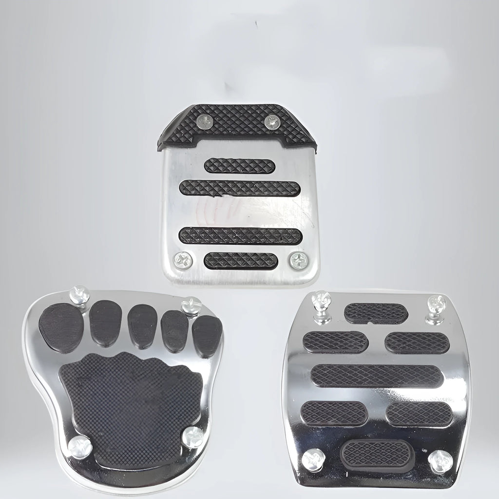 Universal motorcycle brake pedal skid plate in metal with three style options