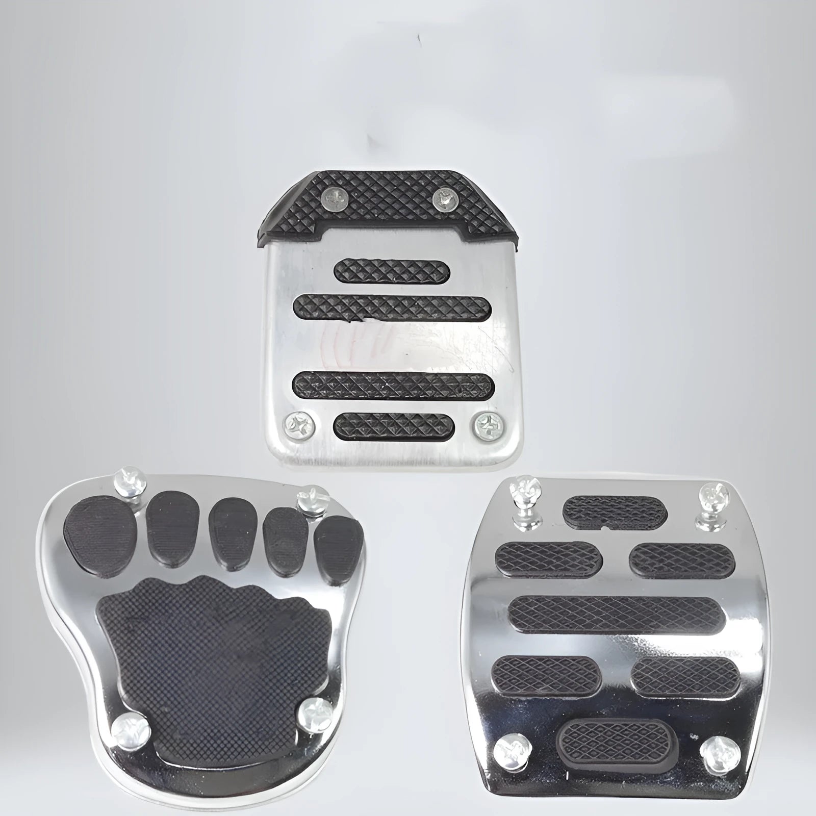 Universal motorcycle brake pedal skid plate in metal with three style options