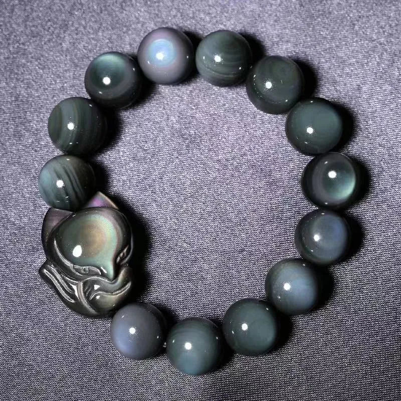 Obsidian fox carved adjustable couple bracelet in 10mm 12mm 14mm 16mm sizes