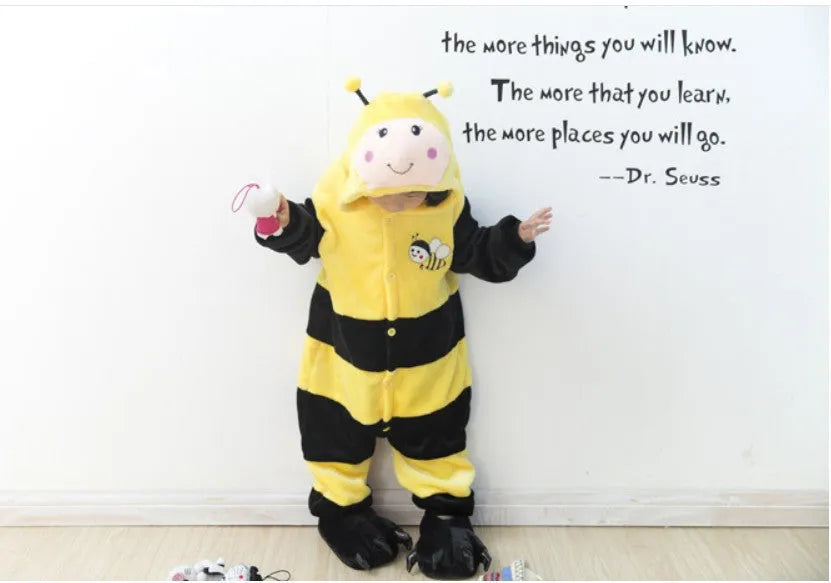 Children's carton animal bee one-piece flannel pajamas in Three-dimensional Bee colour with long sleeves