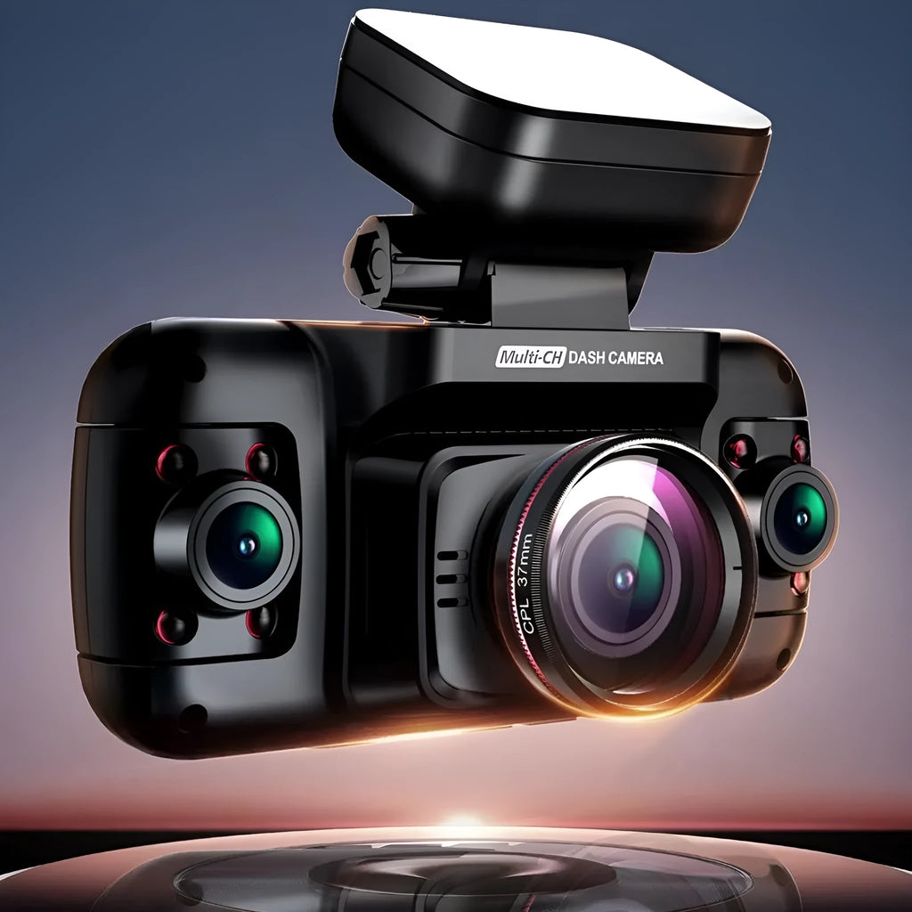 Four-lens car dash camera with 2-inch screen for parking surveillance and GPS logging