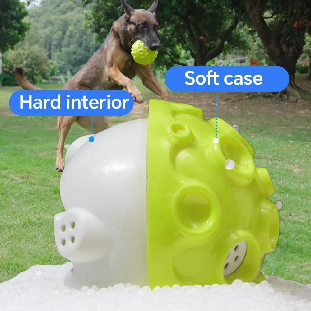 Durable dog chew toy ball with coloured rubber surface featuring tooth-cleaning bumps
