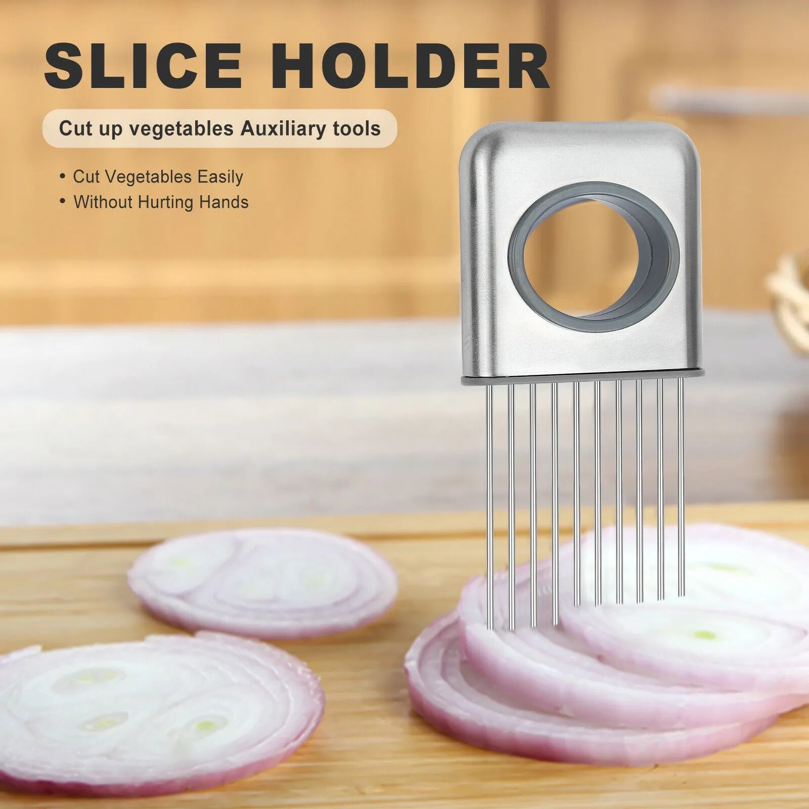 Stainless steel onion holder kitchen tool with prongs for slicing vegetables hands-free