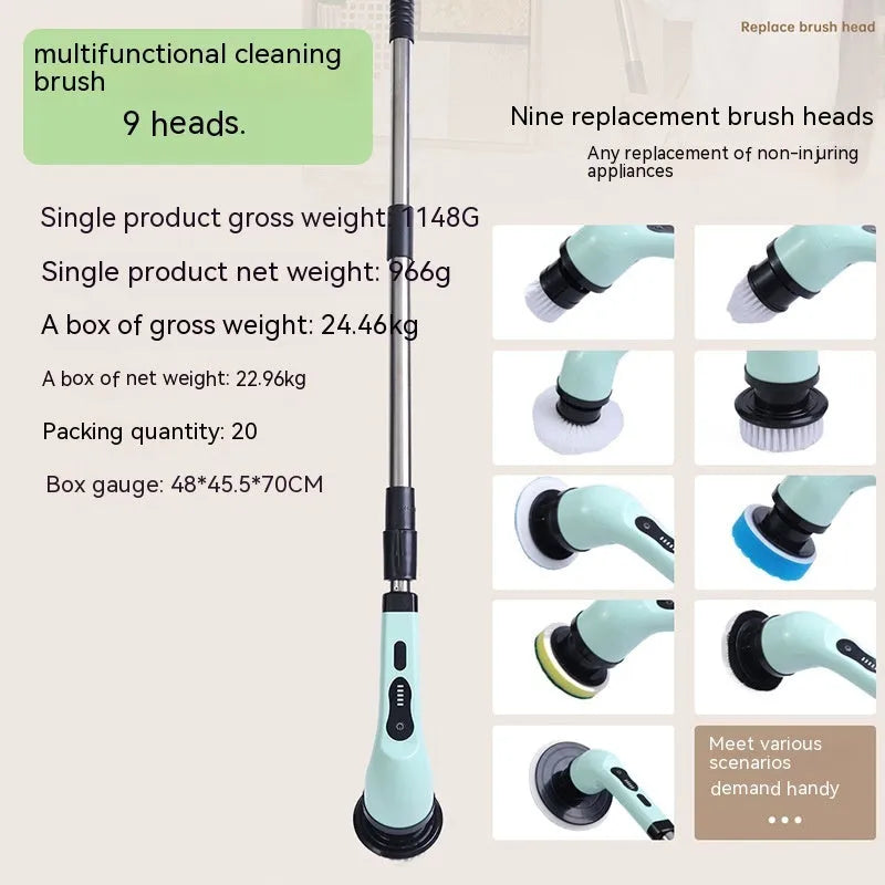 Multifunctional household wireless electric cleaning brush with 3 to 9 interchangeable heads, plastic body, retractable design