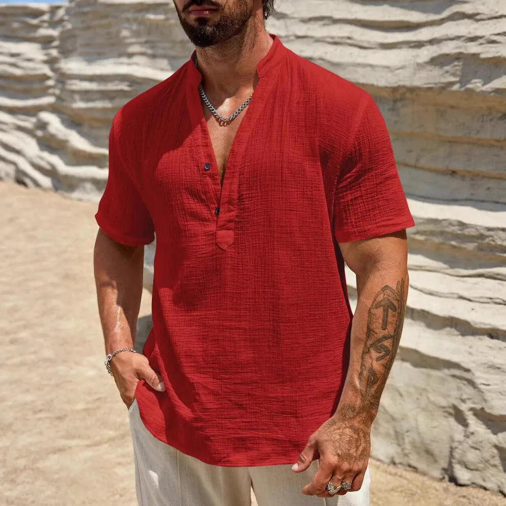 Men's solid colour short-sleeved stand collar casual shirt on a hanger.