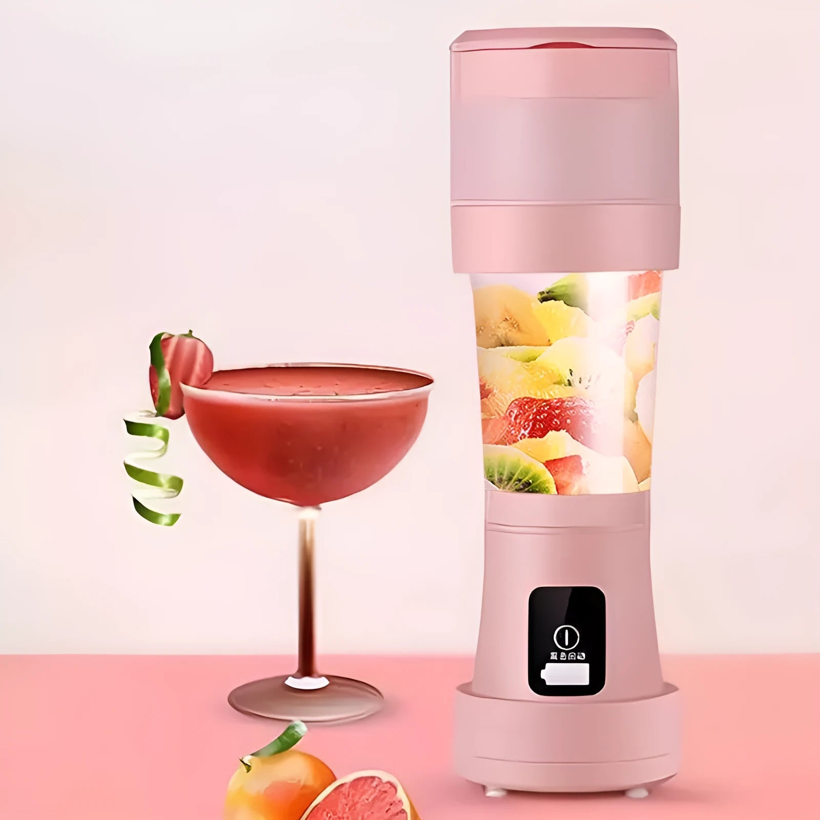 Blue portable USB blender with 450ml cup shown folded and extended next to fruits