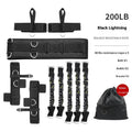 Fitness chest expander elastic belt with colour-coded sleeves indicating 100lb to 300lb resistance.