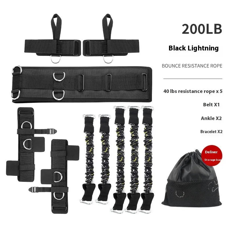 Fitness chest expander elastic belt with colour-coded sleeves indicating 100lb to 300lb resistance.